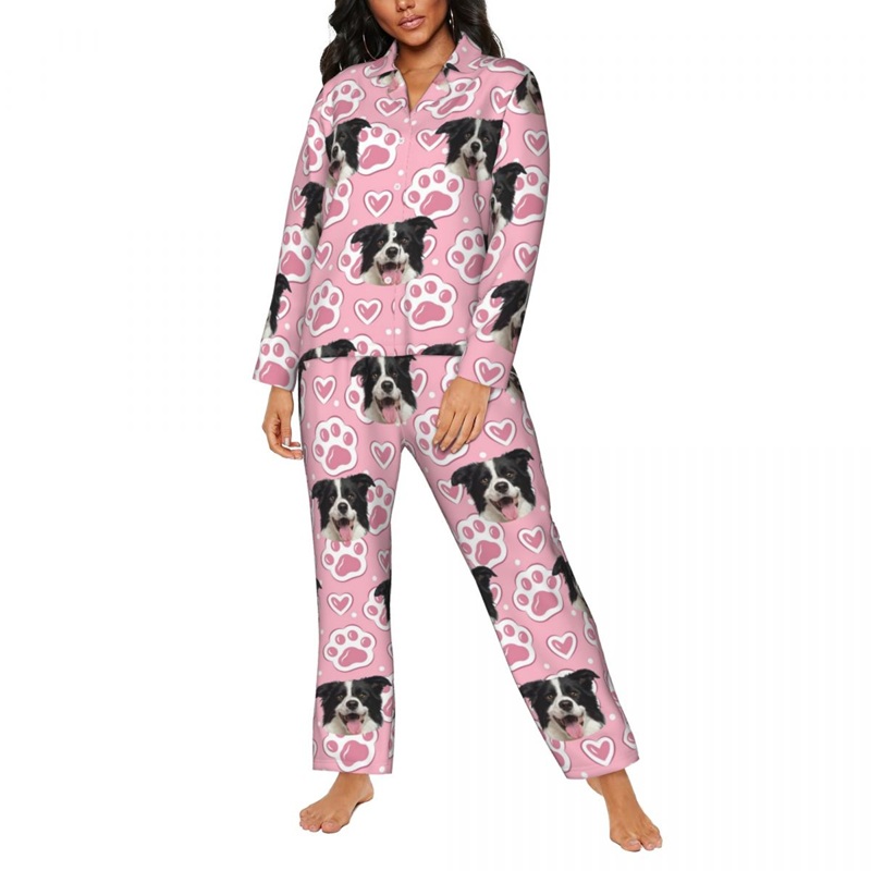 Gepersonaliseerde pyjama met foto van huisdieren Roze hartjes en pootafdrukken Leuk cadeau voor dierenliefhebbers