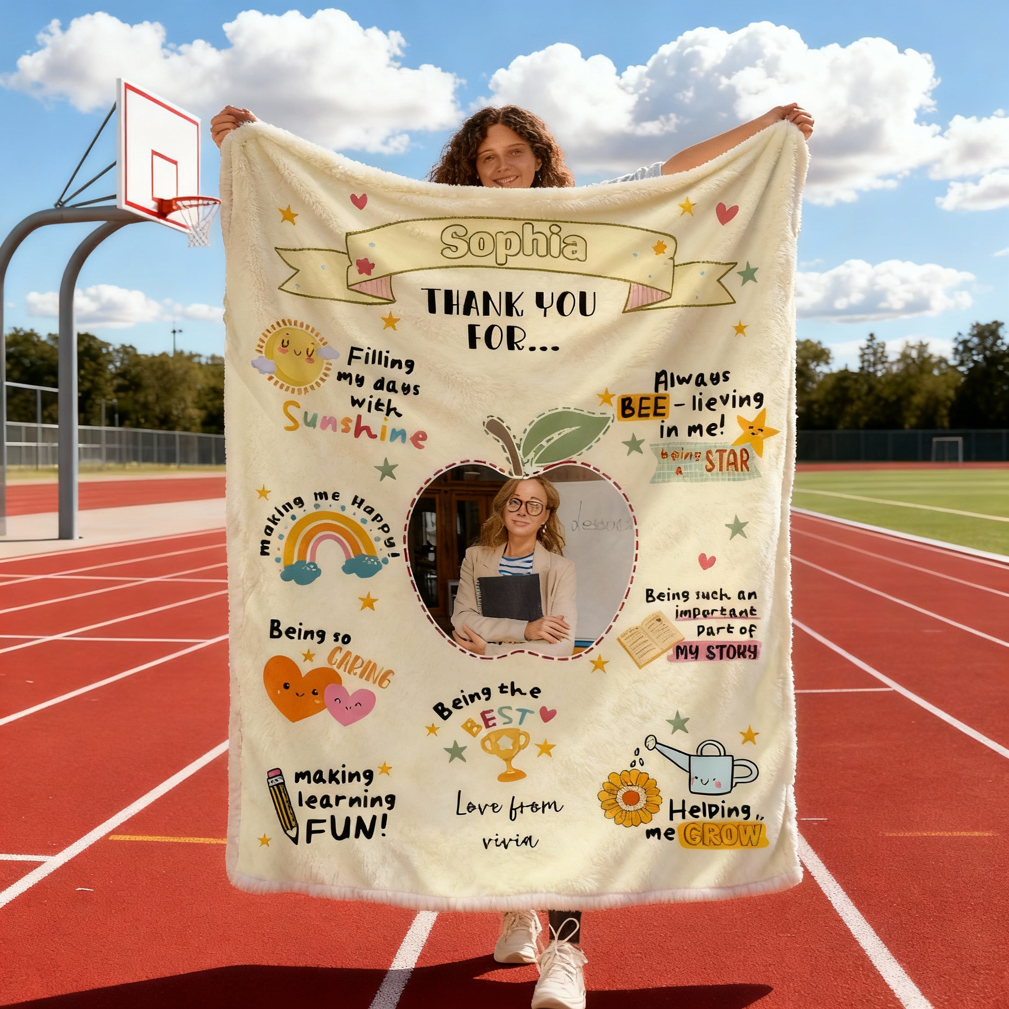 Personalized Picture Blanket with Sun Pattern Cute Gift for Teacher