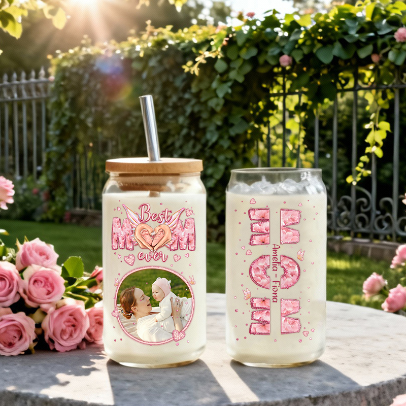 Glazen beker met gepersonaliseerde naam deksel rietje en gepersonaliseerde foto Geweldig cadeau voor moeder