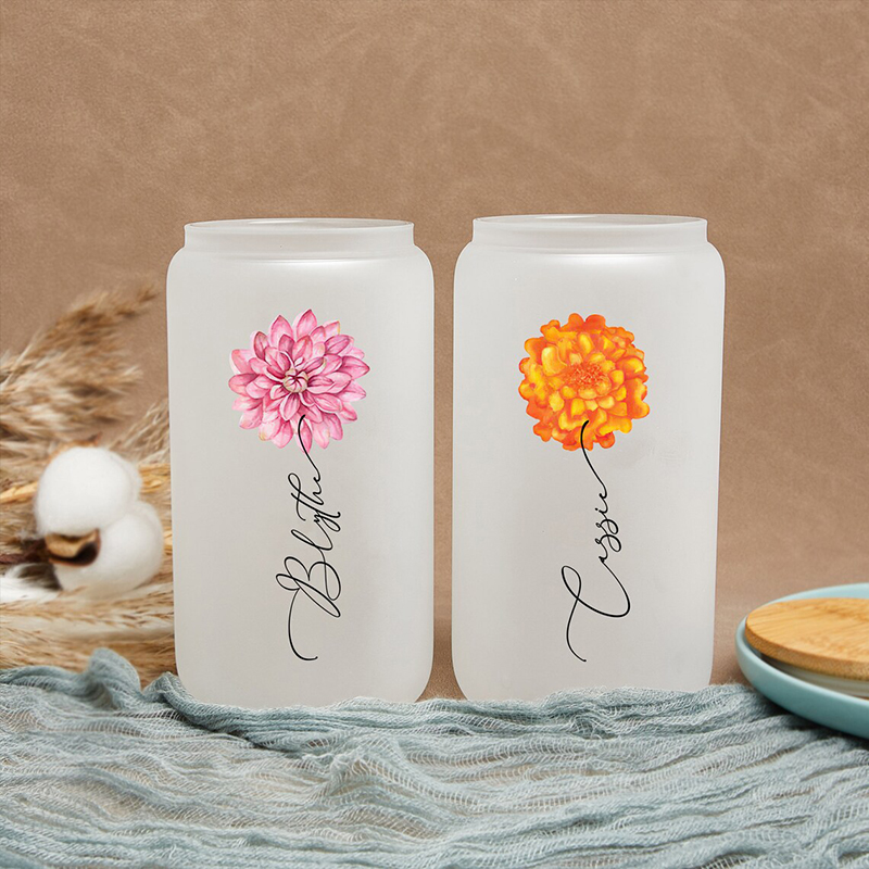 Personalized Birth Flower And Name Glass Cup with Lid And Straw Magical Present for Christmas Day