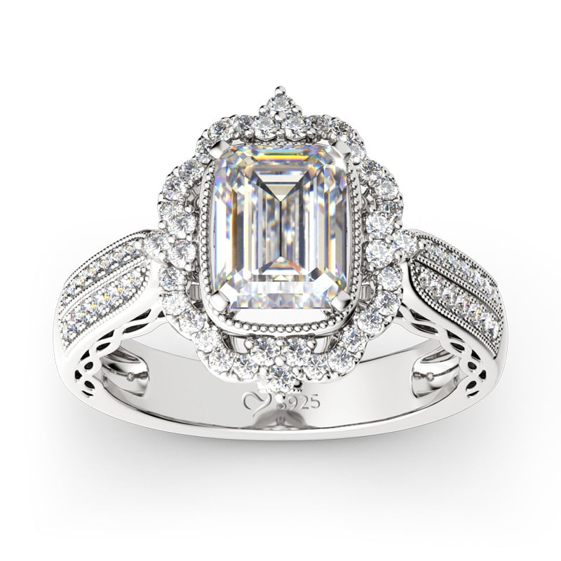 Vintage Halo Emerald Cut Engagement Rings in Sterling Silver