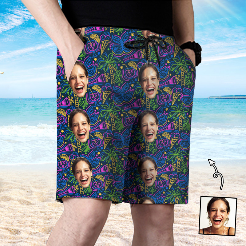 Gepersonaliseerd foto strandshort mannen kleurrijk ontwerp cadeau voor familie
