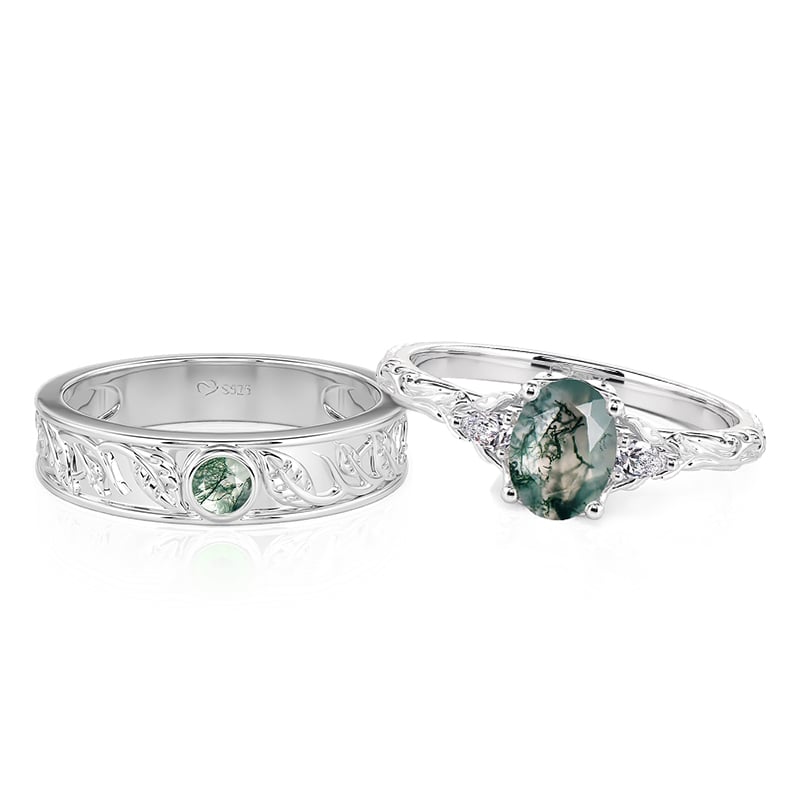 Jeulia Nature Inspired Moss Agate Couple Rings Set