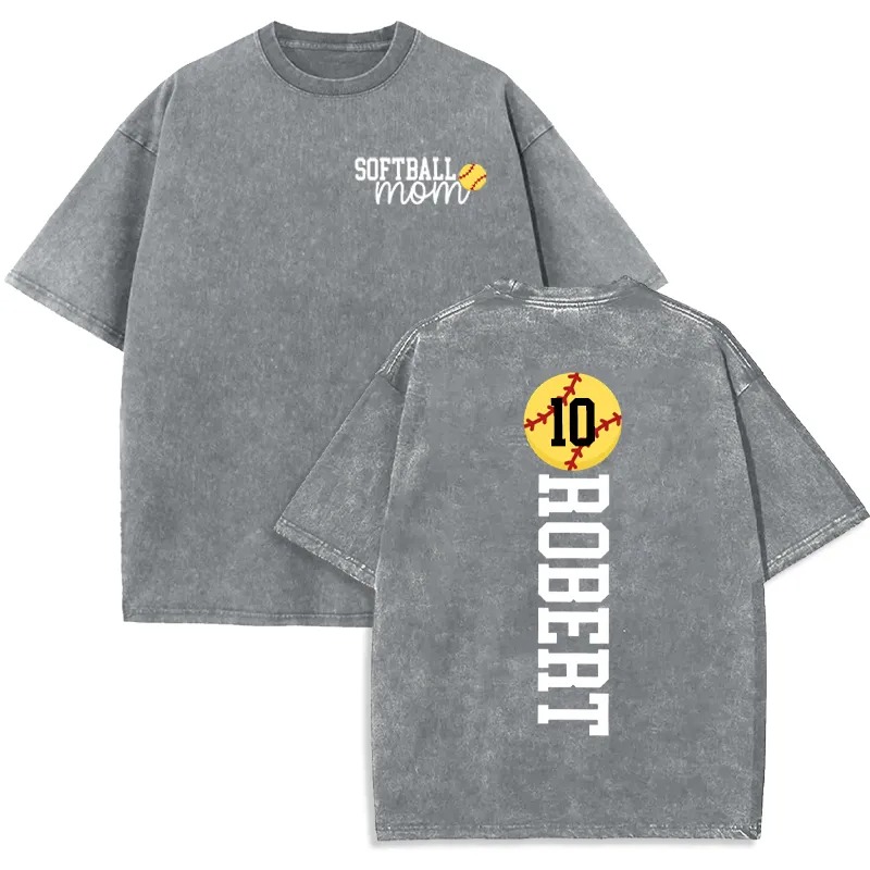 Personalized Washed T-shirt Softball Mom Custom Name and Jersey Number Perfect Gift for Sports Lovers