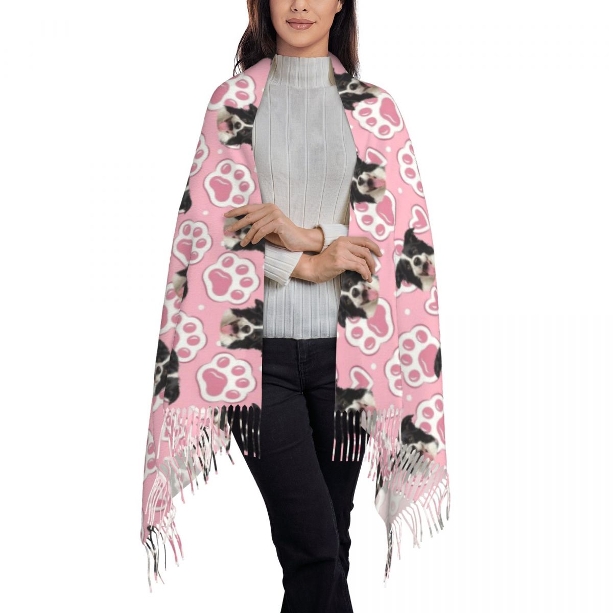 Écharpe personnalisée avec motif d'empreintes de pattes Ajoutez une photo de votre animal Écharpe rose pour femmes pour les amoureux des animaux