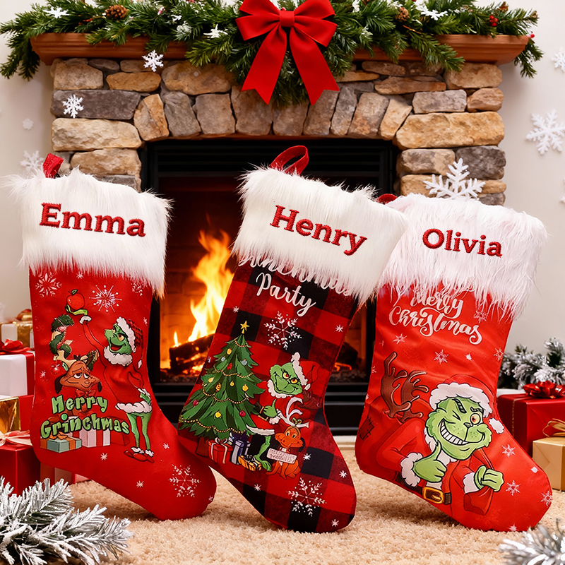 Personalized Green Monster-Patterned Christmas Stockings with Embroidered Names Gifts for Family