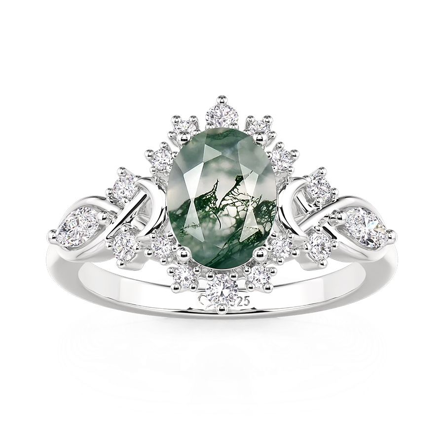 Jeulia Star Moon Oval Moss Agate Engagement Ring