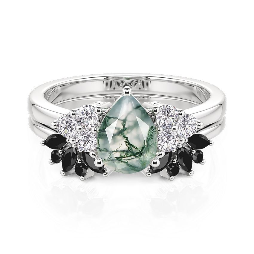 Jeulia Olivetta Pear Cut Moss Agate Ring Set Sterling Silver
