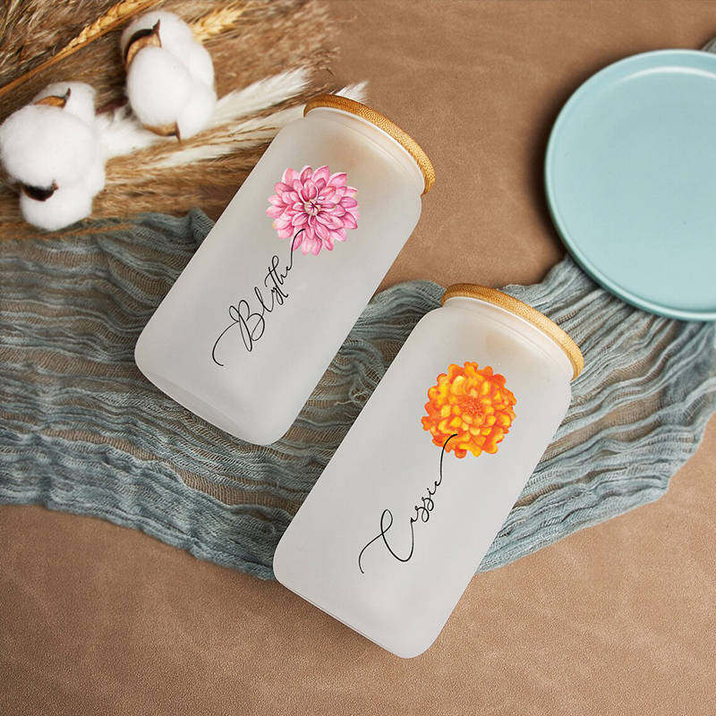 Personalized Birth Flower And Name Glass Cup with Lid And Straw Magical Present for Christmas Day