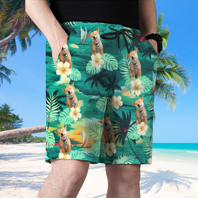 Personalized Picture Men's Beach Shorts with Leaves Pattern Perfect Gift for Brother