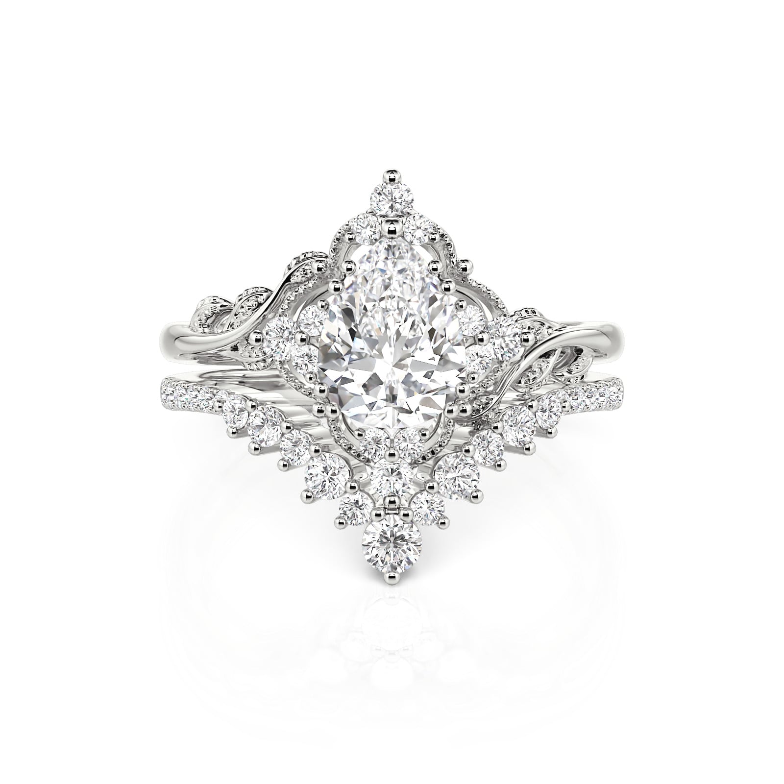 Jeulia Leaf Pear Engagement Ring with V Shaped Wedding Band