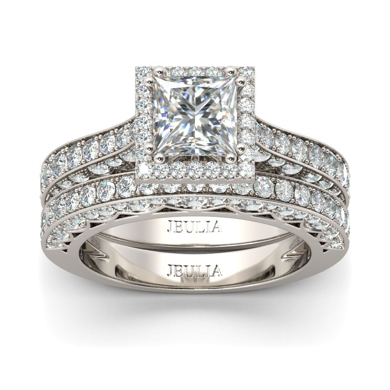 Classic Halo Princess Cut Wedding Ring Set Sterling Silver Bridal Set