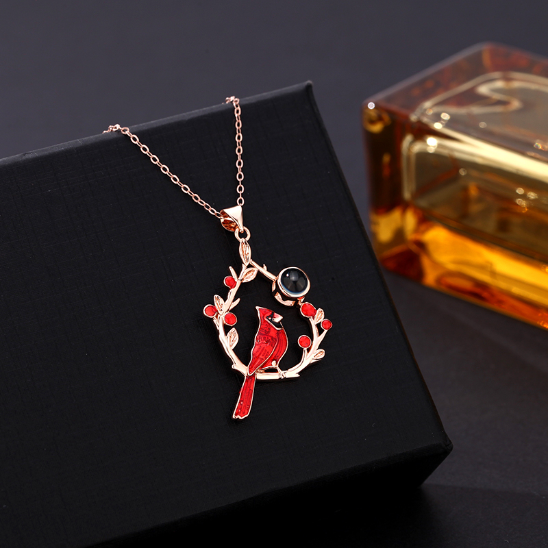 Personalized Picture Projection Necklace with Cardinal Bird in Droplets  "We Are Always with You"