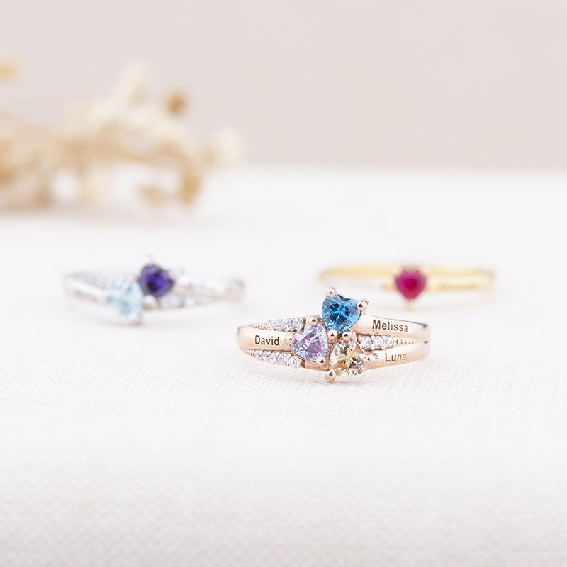 Personalized Name Ring with Custom Birthstone Heart Shaped Design Beautiful Gift for Birthday