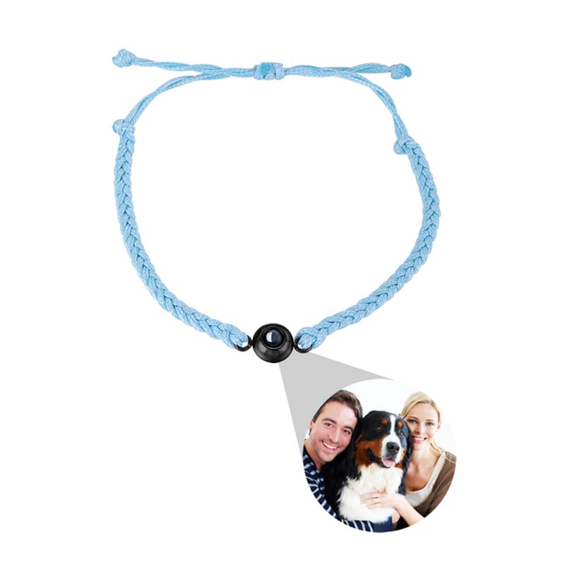 Personalized Circle Photo Projector Bracelet For Women And Men with Blue Rope