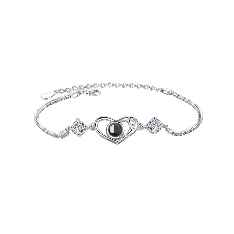Sterling Silver Personalized Heart Photo Projection Bracelet with Diamonds for Couple