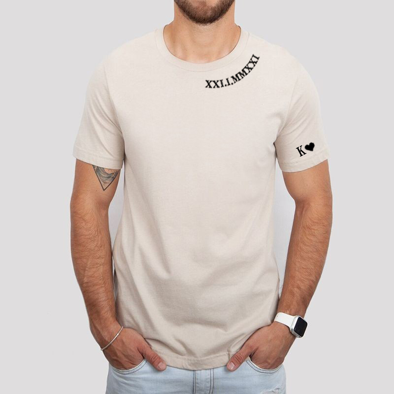 Personalized T-shirt Embroidered Roman Numeral Date and Initial Unique Gift for Anniversary