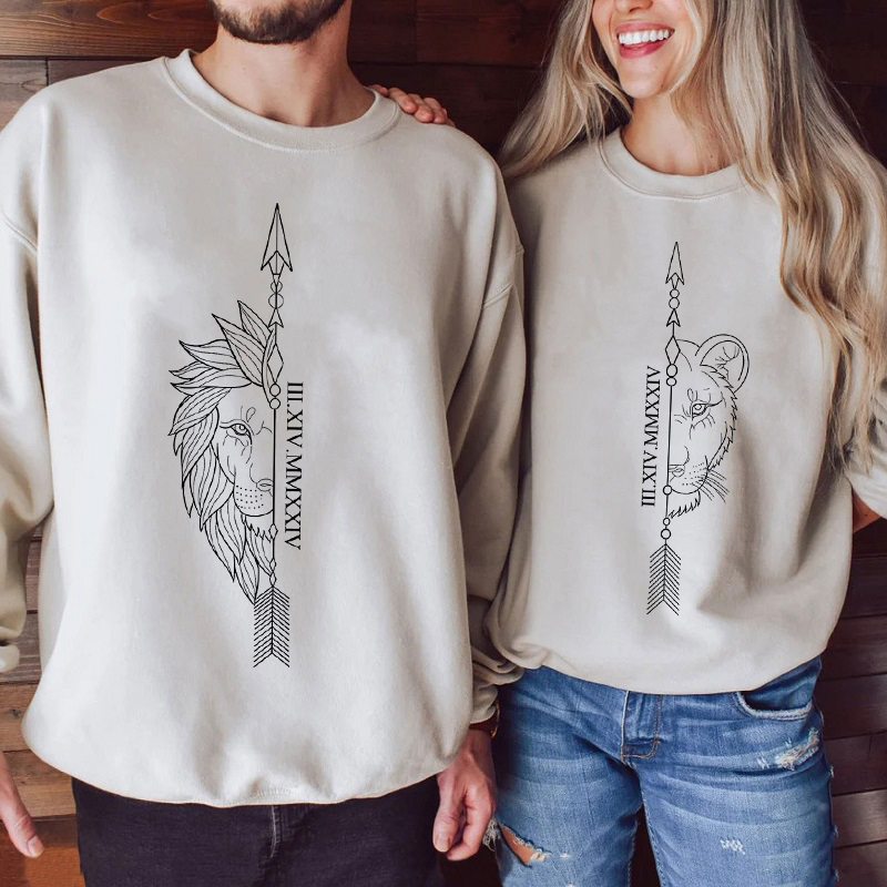 Personalized Sweatshirt Cool Lion King Couple Design with Custom Roman Numeral Date Gift for Lovers