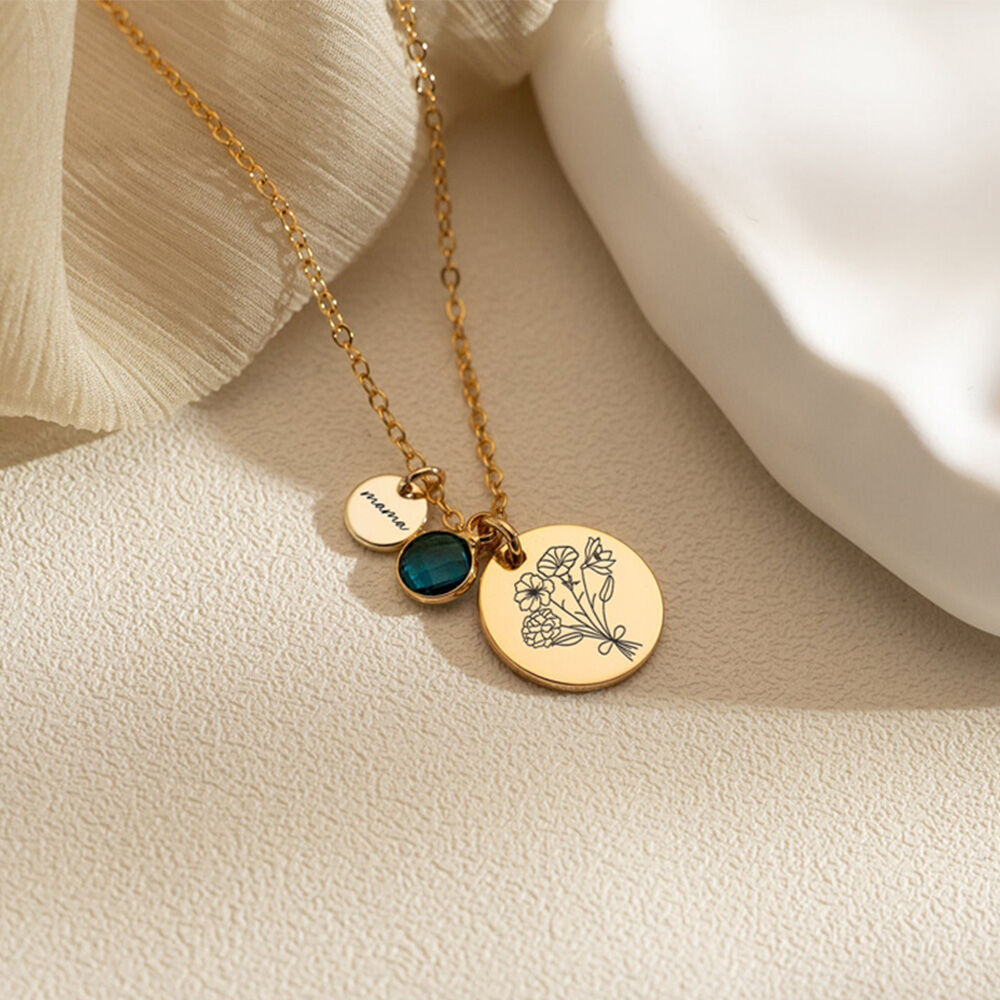 Personalized Family Birth Flower Bouquet Necklace Birthstone Jewelry Mothers Day Gift for Mom