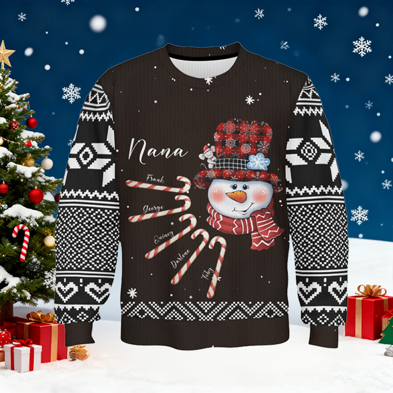 Personalized Ugly Sweater Unisex Nana Snowman Custom Kids Candy Design Cute Christmas Gift for Her Family