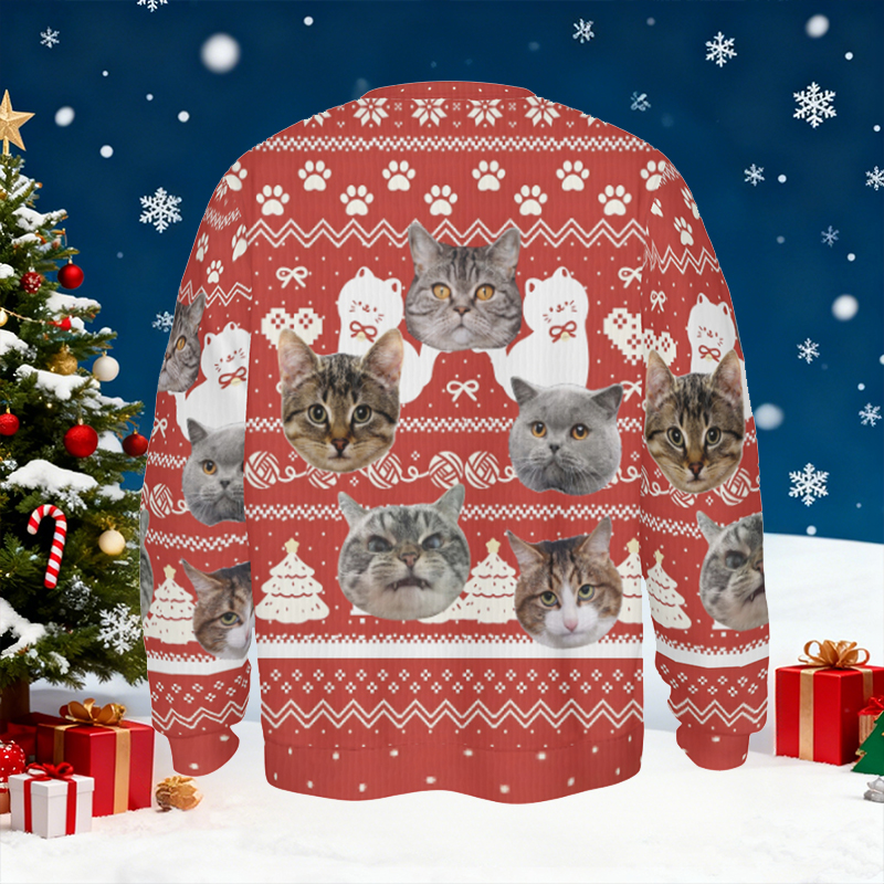 Pull moche personnalisé unisexe avec photo de tête de chat adorable cadeau de Noël pour les amoureux des animaux