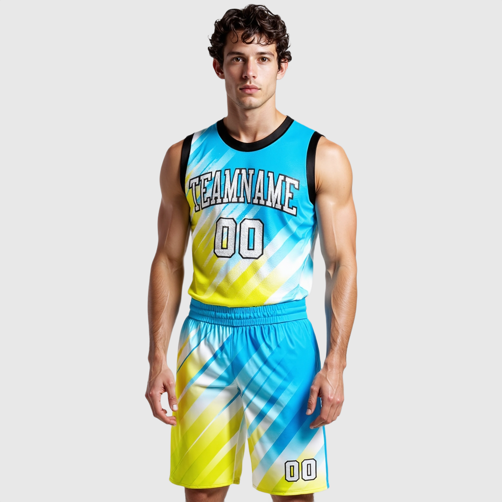 Custom Neon Green White-Light Blue Round Neck Sublimation Basketball Suit Jersey