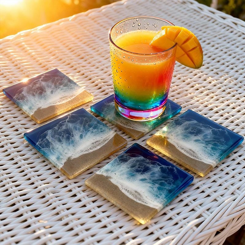 Wave Resin Coaster Set Ocean-Themed Drink Mat for Home & Bar - Reslol