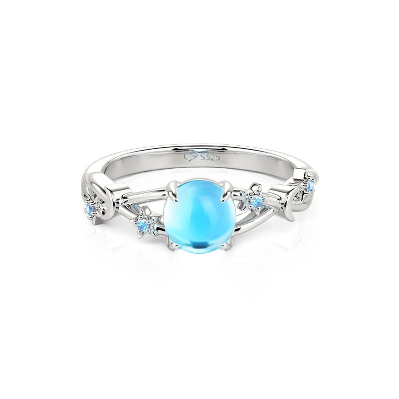 Jeulia Twist Moon and Star Sterling Silver Ring with Blue Stone