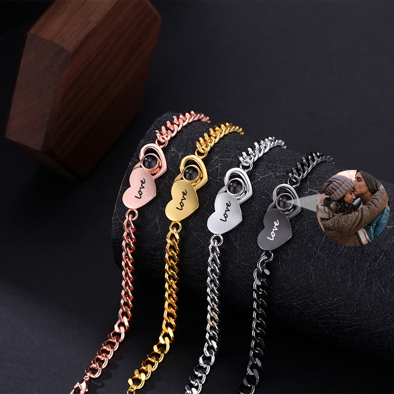 Personalized Projected Picture Bracelet With Double Layer Heart-Shaped Pendant Gift For Boyfriend