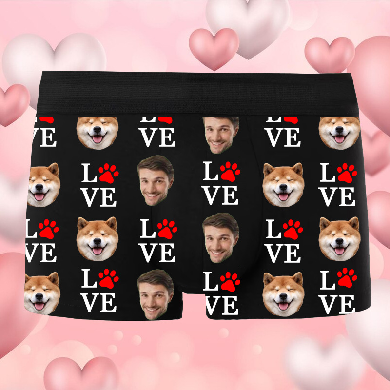 Personalized Photo Men's Underwear Boxer Briefs With Red Animal Footprints Pattern for Pet Lover