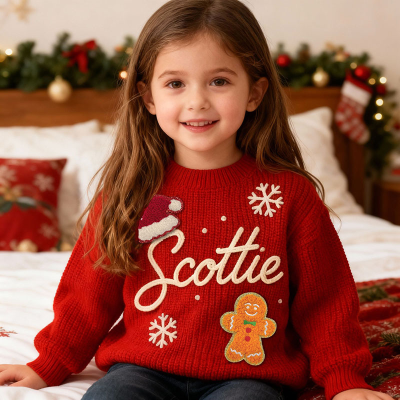 Personlig handgjord tröja med namn och snöflingemönster en värdefull present till barn