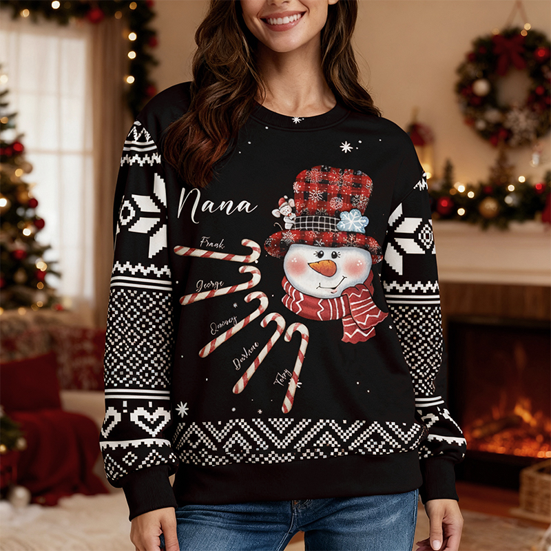 Personalized Ugly Sweater Unisex Nana Snowman Custom Kids Candy Design Cute Christmas Gift for Her Family