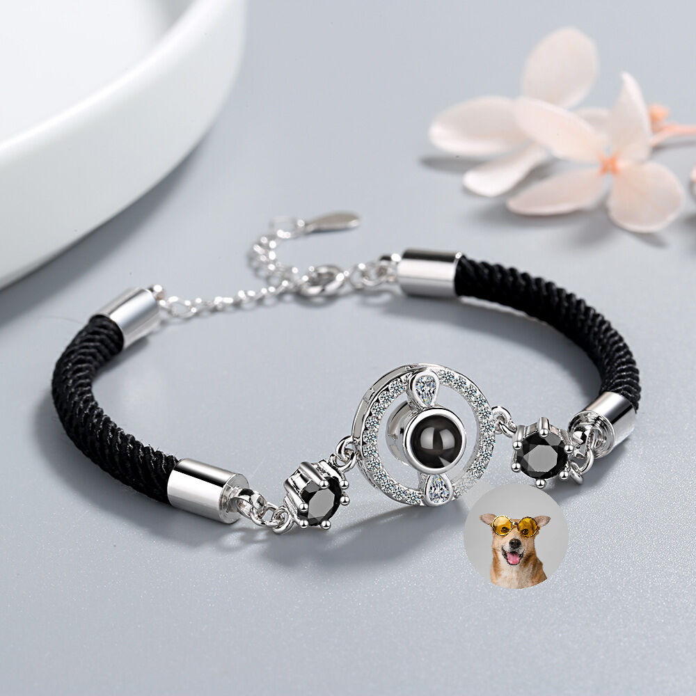 Personalized Round Photo Projection Braided Bracelet with Diamonds