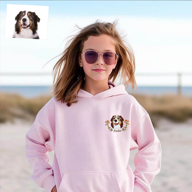 Personalized Kids Embroidered Hoodie Color Photo of Pet's Head with Flower Decor Gift for Children