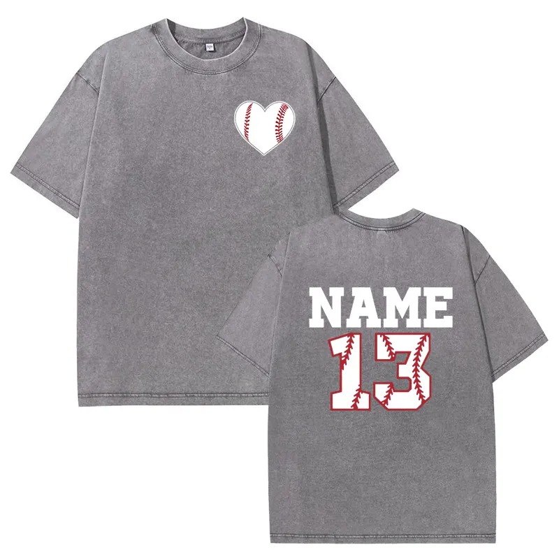 Baseballtvättad T-shirt med baseballhjärta anpassat nummer och namn present till sportälskaren