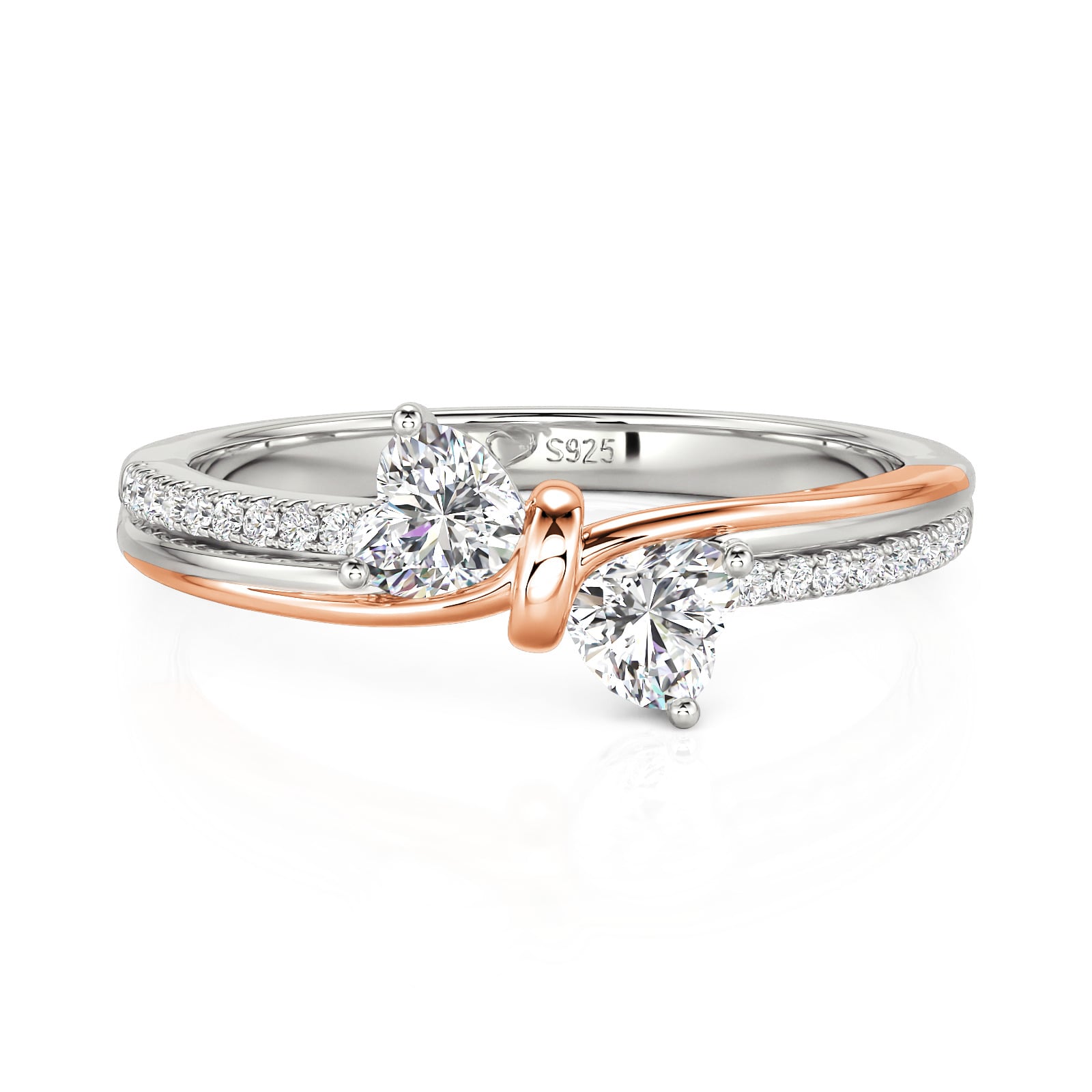 Jeulia Women's Two Tone Ribbon Wrapped Double Heart Bow Ring