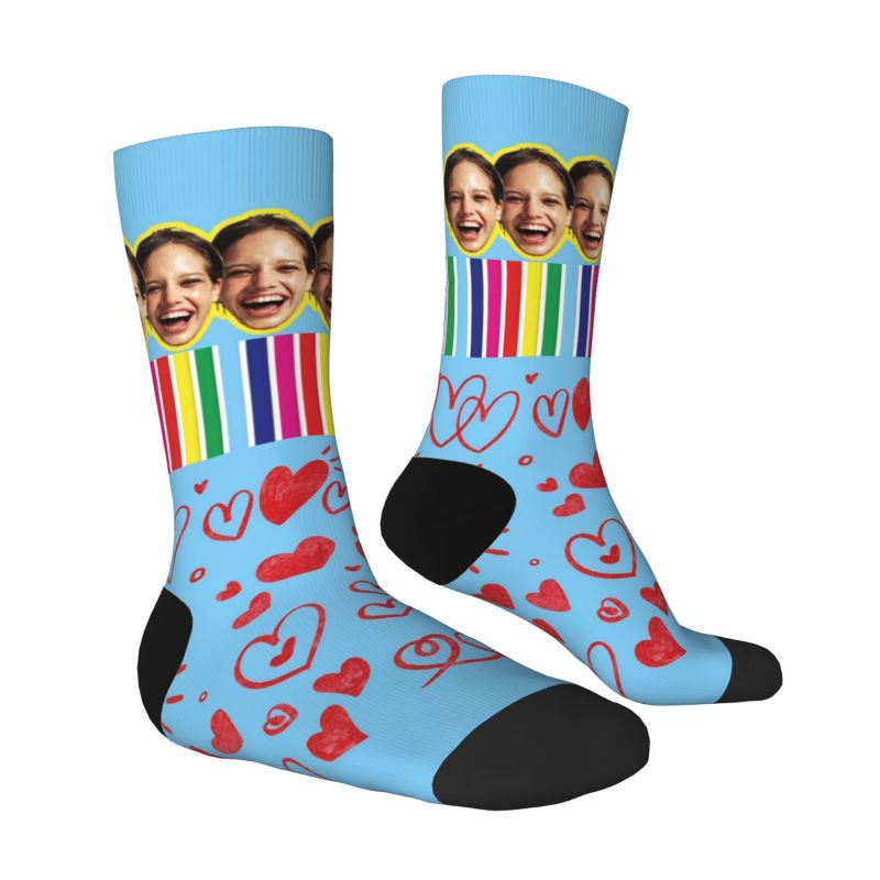 Customized Face Socks with Love Hearts and Rainbow Stripes for Couples
