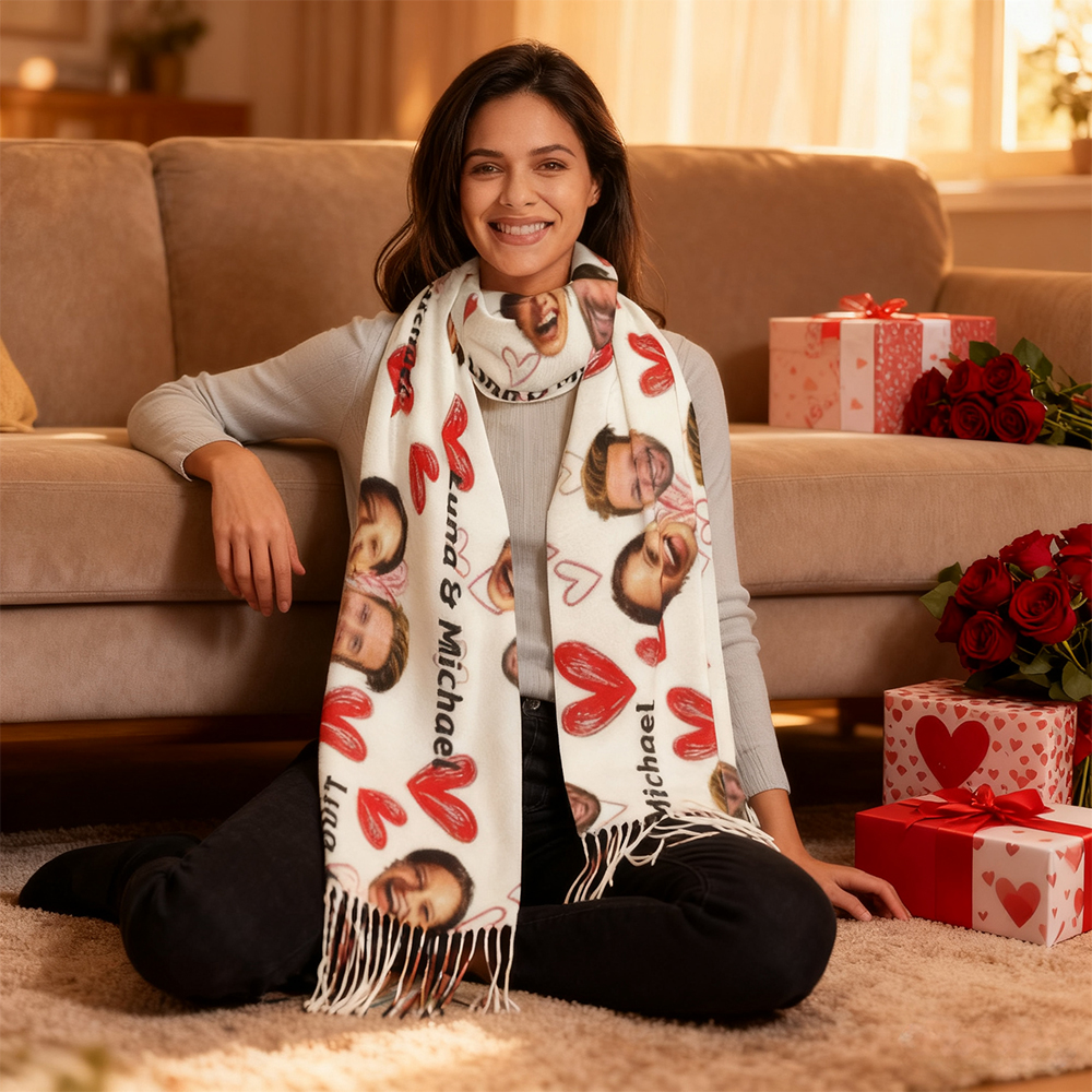 Custom Scarves with Heart Patterns and Couple Photos Gift for Valentine's Day
