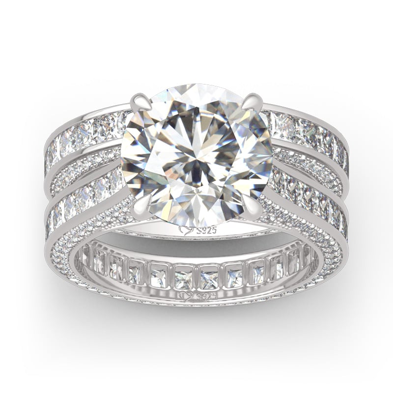 Round Cut Three Sided Pave Eternity Wedding Ring Set Sterling Silver Bridal Set