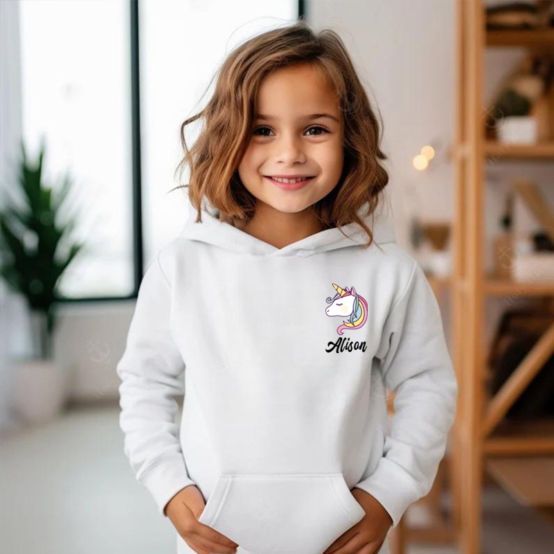 Sudadera con capucha personalizada para niños con nombre personalizado y patrón de unicornio, regalos para niños