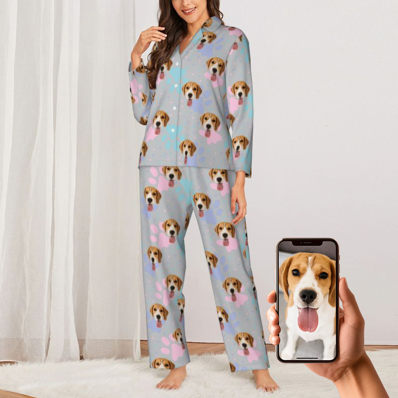 Pijama personalizado con foto de mascota personalizada, diseño de huellas de patas de colores y puntos, regalo creativo para amantes de las mascotas