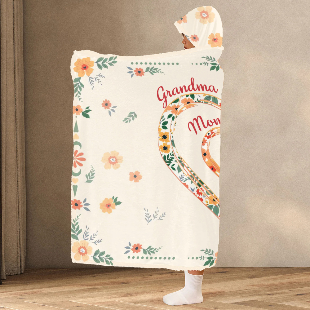 Personalized Name Wearable Blanket Hoodie with Flowers Pattern Warm Gift for Mother's Day