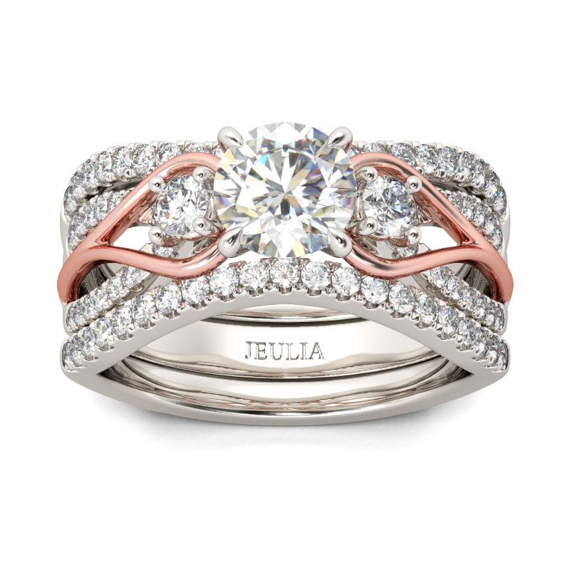 Jeulia Two Tone Three Stone Round Cut Sterling Silver Ring Set