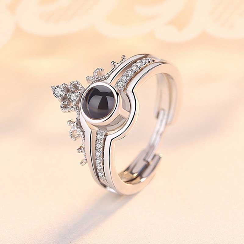 Personlig fotoprojektion två i ett hjärta ring med krona