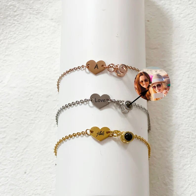 投影 イニシャル 名入れ 写真入り ハート ブレスレット