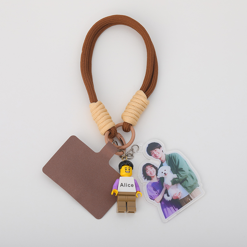 Personalized Braided Rope Phone Chain with Minifigure and Acrylic Photo Gift