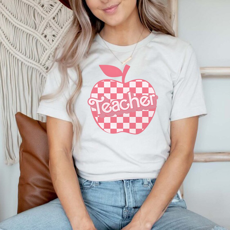 Personalized T-shirt Checkered Pink Apple Teacher Design Back To School Gift for Teachers
