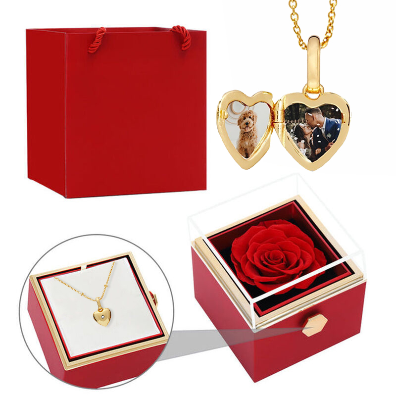Personalized Rose Flower Jewelry Box with Heart Shape Photo Necklace Valentine's Day Gift