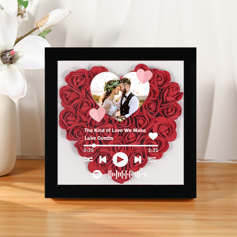 Custom Rose Flower Shadow Box With Personalized Spotify Code And Photo Gift for Anniversary