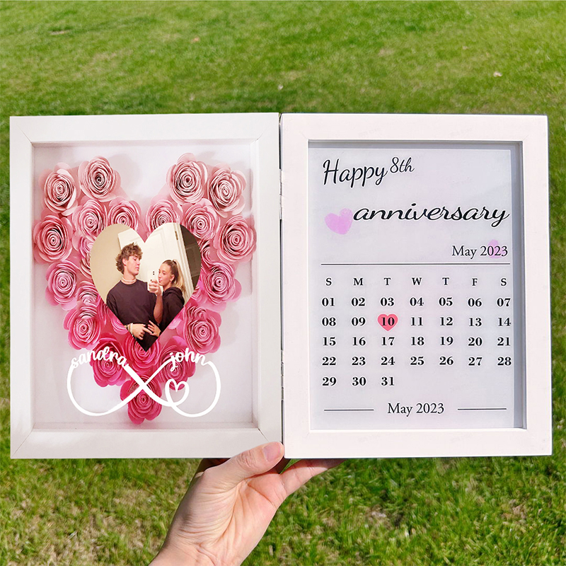 Personalized Photo Flower Shadow Box Infinite Love Custom Calendar Design Perfect Gift for Lover's Anniversary